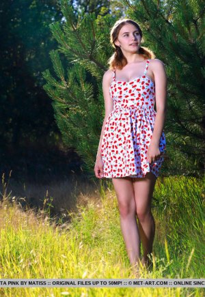 Голая рыжая красотка с пухлыми сиськами и пиздой на природе картинка 1